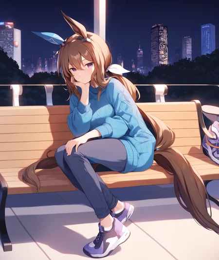 score_9, score_8_up, score_7_up, source_anime,
1girl, solo, full body, sitting on bench,
night, cityscape, park,
horse girl, horse ears, horse tail, purple eyes, brown hair, ponytail, looking at viewer, ear covers
casual_clothes, blue sweater, rib sweater, pants, sports shoes,
<lora:Admire_vega_XL-ponyXL_optV2-000008:1>