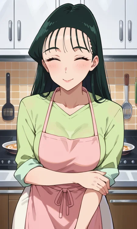 (1girl:1.5), (solo:1.3), (score_9, score_8_up, score_7_up, score_6_up, score_5_up, score_4_up), (source_anime), rating_questionable, (upper body:1.3), smile, happy, indoor, cooking, kitchen, closed eyes,
<lora:ohara-nanako_v2:0.8> (ohara-nanako), (black eyes, eyebrows, green hair, long hair, hair slicked back, bangs, wispy bangs), (large breasts, wide hips, thick thighs),
(pink apron, green shirt, long sleeves, sleeves rolled up, white skirt, miniskirt),