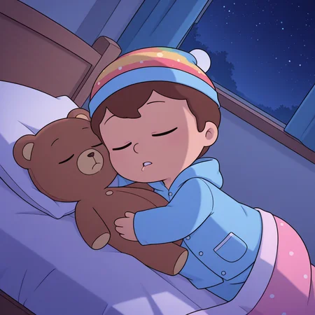 toon \(style\), (masterpiece, colorful, detailed background, absurdres), <lora:mrfrond-v5:0.7> bb-mfbb, 1boy, baby, pajamas, pajamas_cap, blue clothes, toddler, indoors, solo, teddy bear, parted lips, hood down, sleeping, bed, night, saliva, on side, darkness, shadow, dynamic angle, hugging object, toddlercon,