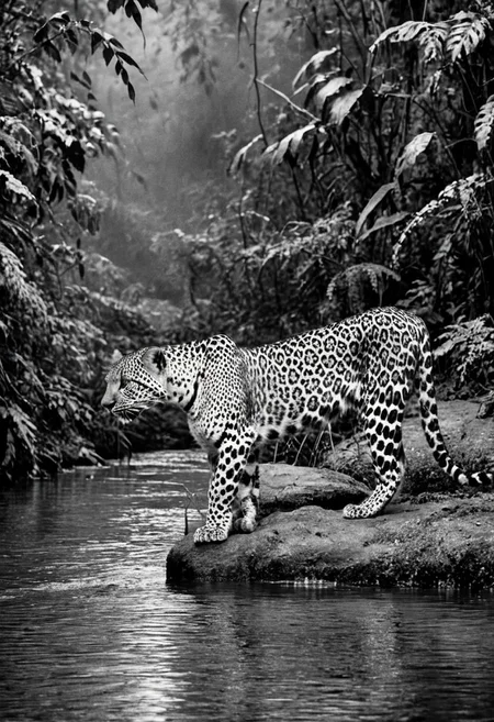 a (black and white:1.5) photo of a leopard, in the jungle, drinking at the at the edge of a river, at dusk, dense jungle forest, dramatic lights, shallow depth of field, blurred background, extreme details, intricate details, 8k, 35mm photo, photorealism, realistic photo, national geographic style, masterpiece, film photography style