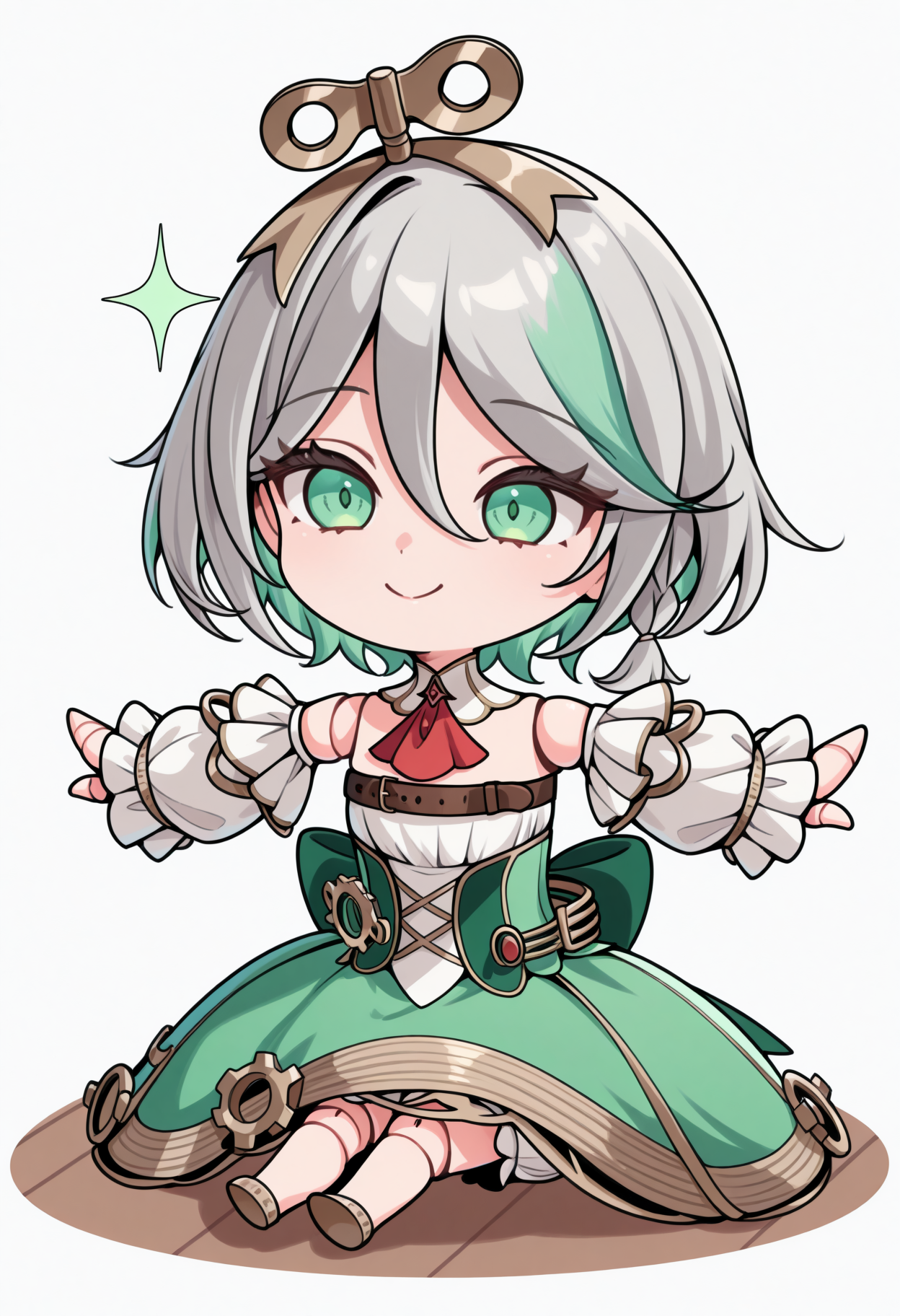masterpiece, best quality, 1girl, solo, Cec1l1aDef, green eyes, winding key hair ornament, doll joints, grey hair, colored inner hair, streaked hair, short hair, side braid, detached collar, red ascot, strapless dress, detached sleeves, chest belt, green corset, gears, green skirt, bloomers, white shorts under skirt, gold trim, sitting, on floor, smile, sparkles, spread arms, chibi, meme, thick lines, simple background, white background, <lora:ChamCeciliaImmergreenV2IllustriousXL:1>