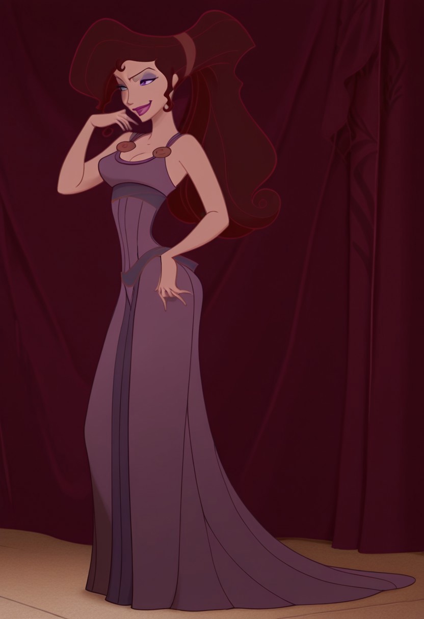 1girl, masterpiece, best quality, amazing quality, absurdres, <lora:Megara__Illustrious:1> m3g4r4, megara (hercules disney), long hair, tied hair, brown hair, purple eyes, purple Greek dress, cleavage, sexy makeup, lipstick, smiling, full body,
