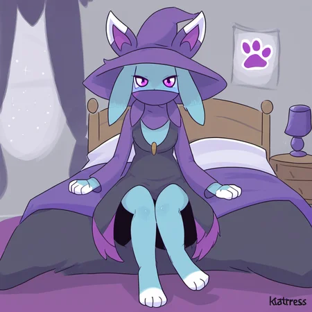 Katress,blue fur, purple clothing, black clothing, purple hat, witch hat, purple eyes, long sleeves,
feet, paws, solo,
on bed, on back, night, bedroom,
digital drawing,
<lora:Katress_basesdxl:1>