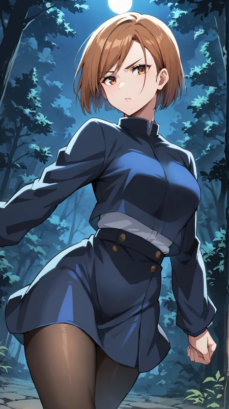 score_9,score_8_up,score_7_up,score_6_up, source_anime, zPDXL, <lora:xl_more_art-full_v1:0.5>, woman, dynamic pose, <lora:Nobara - Pony-000004:0.8>, short hair, brown hair, brown eyes, blue jacket, overhanging jacket, long sleeves, blue skirt, pantyhose, serious, in profile, night time, darkness, moonlight, forest,