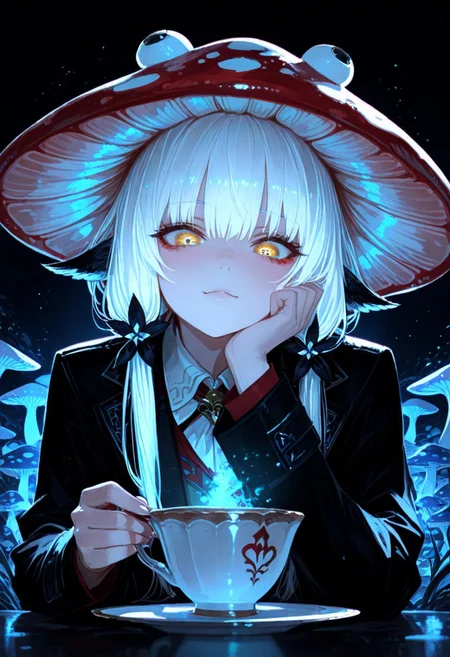masterpiece, best quality, amazing quality, very aesthetic, absurdres, newest, volumetric lighting, holographic colors, cute, gradient colors, dark background, masterpiece, best quality, amazing quality, very aesthetic, absurdres, newest, volumetric lighting,1girl, 
BREAK
nsfw, 
 ambient occlusion, raytracing, soft lighting, blum effect, masterpiece, absolutely eye-catching, particles, glow, shining, intricate cinematic background, (beautiful face),  
BREAK
masterpiece, highly detailed,1girl,beautiful eyes, big eyes, detailed eyes, detailed pupils, perfect body,
(sexy, slutty, hot)
Mad Hatter, mushroom hat, teacup, suit
BREAK
<lora:spo_sdxl_10ep_4k-data_lora_webui:0.6> <lora:ponyv5_noobV065S_1_adamW-000013:0.7> <lora:USNR_STYLE_XL_lokr:0.45> <lora:GBF_Illustrious:0.4> <lora:748cmSDXL:0.8>