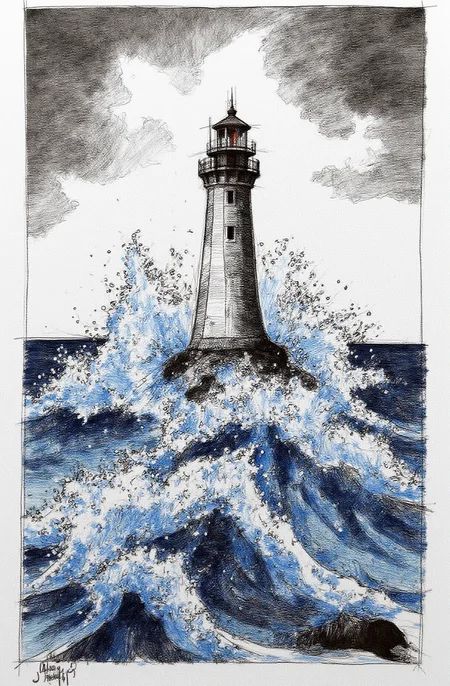 Sharp image of a rough sketch, rendered in vibrant multi colour ballpoint pen, capturing the adorable features of a black and white illustration of a lighthouse in the middle of a stormy sea. The lighthouse is tall and cylindrical with a pointed roof and a cross on top. The sky is filled with dark clouds and the sea is choppy with large waves crashing around the lighthouse. The waves are white and foamy, creating a dramatic and powerful scene. The overall mood of the image is dark and ominous.  p3nsk, <lora:p3nsk:1>