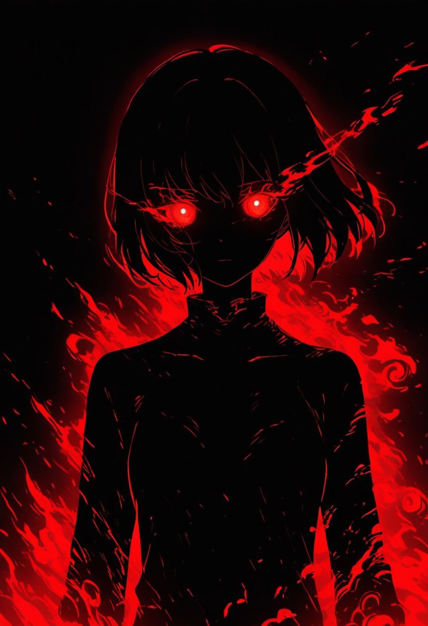 GLTST, Glitch, , glowing, solo, short hair, glowing eyes, 1girl, looking at viewer, fire, black background, red eyes, red theme, burning, upper body