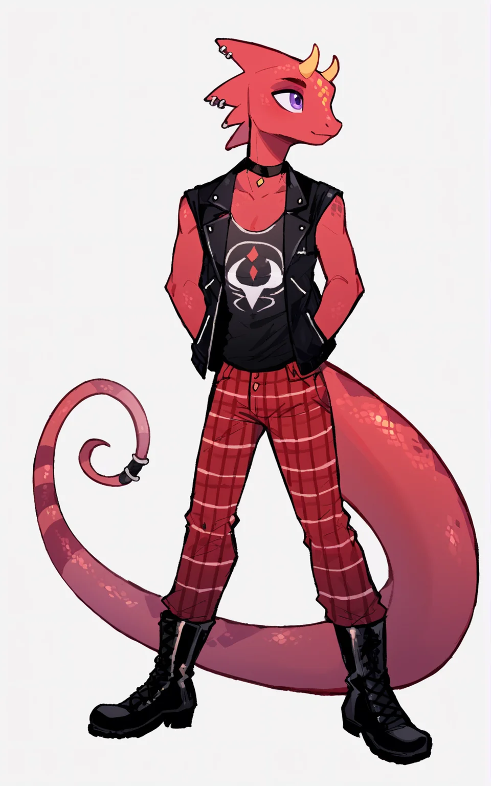 score_9, score_8_up, score_7_up,((best quality)), absurdres,((full body)), <lora:3d-2d:0.8>, <lora:FlickPXL:0.8>,FlickPXL, furry, lizard tail, horns,purple eyes, red skin, piercing, yellow horns,tail, reptile,pants, jacket, black jacket, shirt, black shirt, sleveless,boots,red pants, tank top, black tank top,choker,black chocker,open vest, boots, black boots, argyle,plaid pants,white background, slim