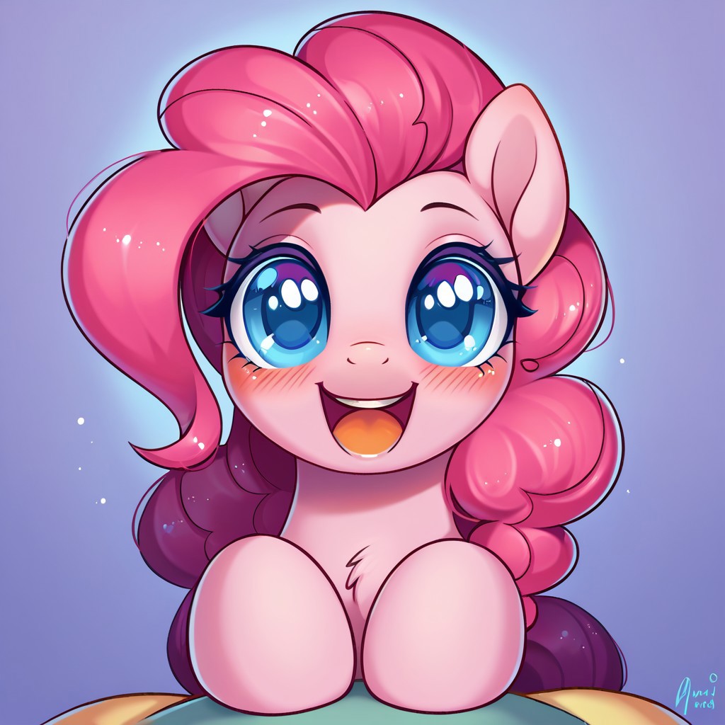 score_9, score_8, score_7, source_pony, pinkie pie, POV, looking at viewer, blush, smile, open mouth, upper teeth only