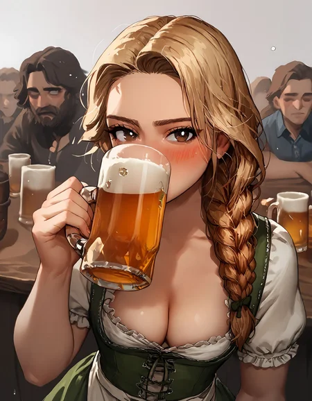 score_9, score_8_up, score_7_up, score_6_up, score_5_up, score_4_up,
1girl, sexy face, blonde, braided hair, cute face, kawai girl, (hazel eyes), small perky breasts, dirndl, german clothes, underbust, collarbone, long brown bavarian dress, cleavage, looking at viewer, oktoberfest, blush, drunk, (drinking beer),
<lora:incase-ilff-v3-4:0.6> <lora:g0th1cPXL:0.6> <lora:Expressive_H:0.5> <lora:dirndl-ponyxl-lora-nochekaiser:0.8> <lora:Drinking_Beer_Concept:1>