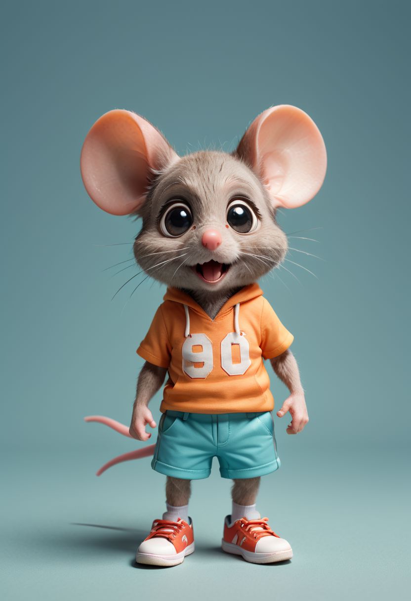 Cute little happy miniature chibi mouse with big comically bright eyes, wearing shorts and tennis shoes,