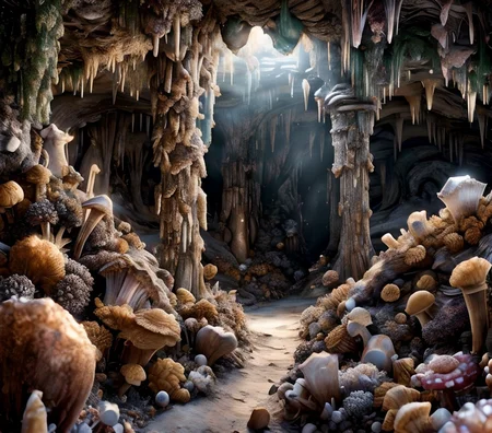 RAW photo, (masterpiece:1.3), subsurface scattering, heavy shadow, (high quality:1.4), (intricate, high detail:1.2), professional photography, HDR, High Dynamic Range, realistic, ultra realistic, photorealistic, high resolution, film photography, ambient lighting, atmospheric effects, <lora:detail_slider_v4:2>, OverallDetail, <lora:CrystalCaves:1>, cave, cryca, crystal, gem, mushroom, nature, rock, scenery, a dwarf, <lora:DwarvenArmor:1>, DwarAr