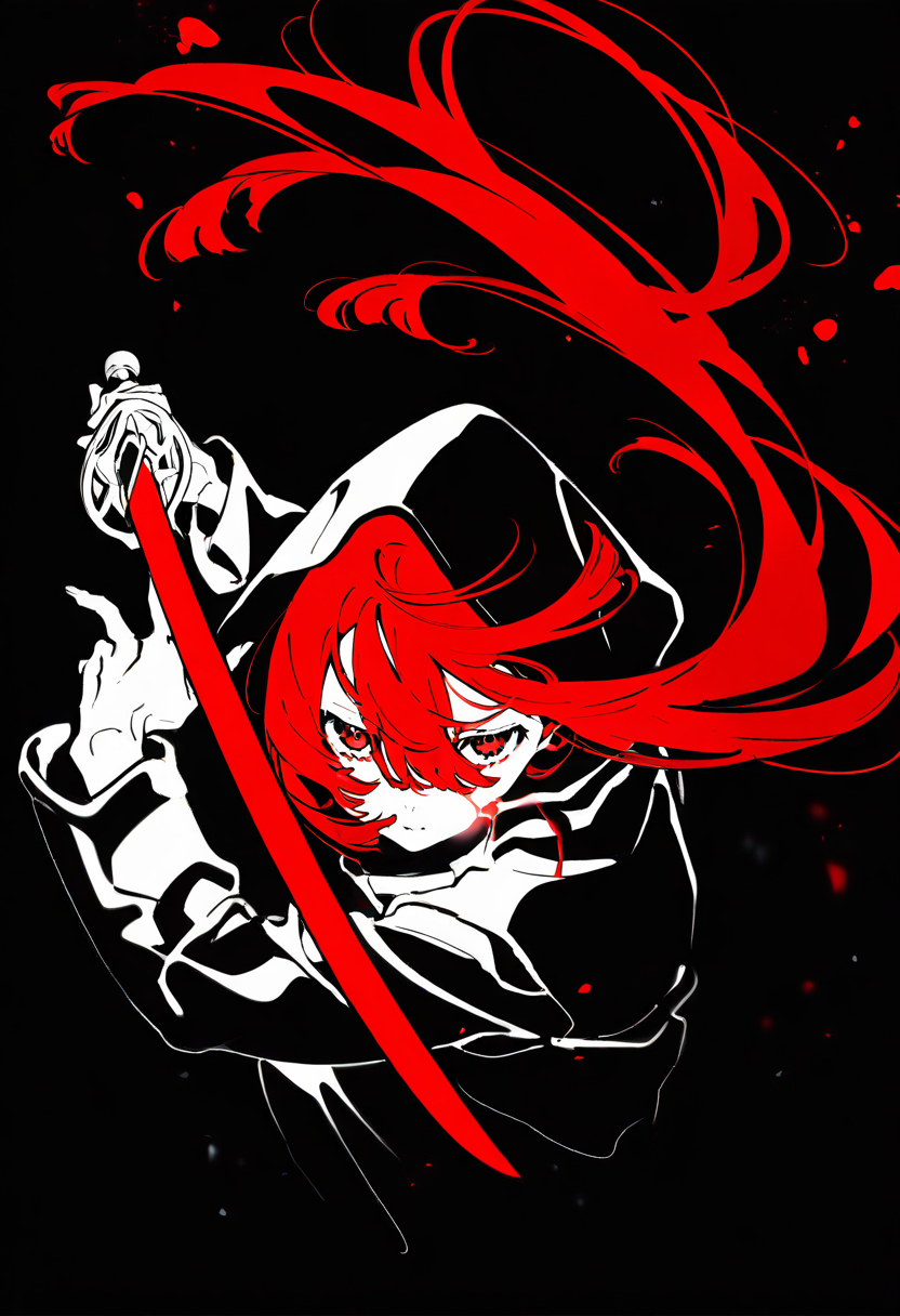 (very awa,masterpiece,best quality,year 2024,newest,highres,absurdres:1),yoneyama mai, lineart, monochrome, (red sword), (fighting stance), (disheveled hair:1.1), (dark theme), chiaroscuro, foreshortening, (colorful splashes:1.1), (shining:1.1), (focus on face:1.1), Glowing skin, Strong contrast, long sleeves, simple background, red eyes, weapon, hood, black background, sword, hooded jacket, meme, jacket, hood up, red long hair, glowing, half-closed eyes, looking at viewer <lora:noobaiXLNAIXL_epsilonPred11Version-lora:0.15>