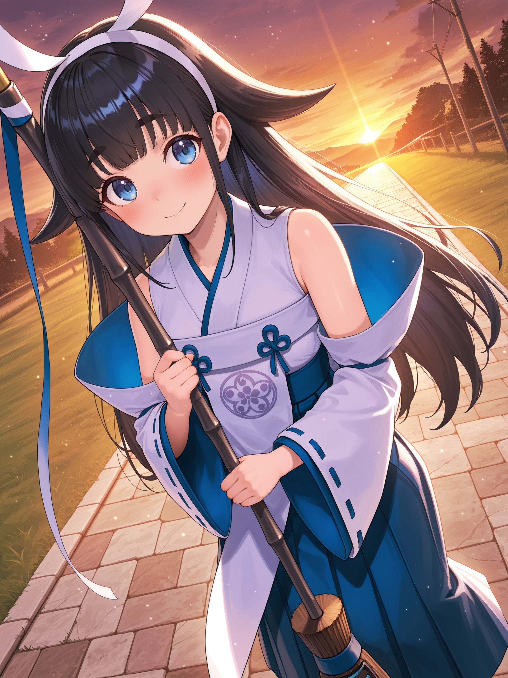 shinonome the vaylantz priestess, 1girl, solo, smile, outdoors, holding white broom, stone floor, grass, evening, blush, sky, thick eyebrows, closed mouth, cloud, white hairband, white ribbon-trimmed sleeves, white sleeveless kimono, blue hakama skirt, white breast curtain, dutch angle, two-handed,
masterpiece,best quality,amazing quality,very aesthetic,absurdres,newest,scenery,extreme detail,8k,light particles,soft lighting,volumetric lighting,intricate details,finely detailed,detailed eyes,<lora:Shinonome the Vaylantz Priestess illusXL v1.1:0.75>