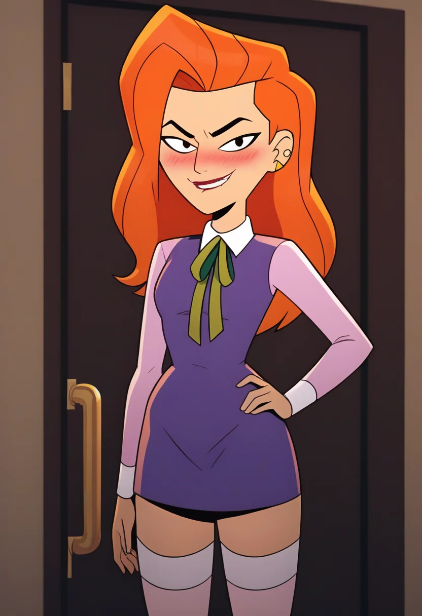 score_9, score_8_up, score_7_up,score_6_up, source_cartoon,
BREAK
d4phn3, 1girl, long hair, orange hair, makeup, dress, piercing, thighhighs,ribbon, solo,looking at viewer, smirk, blush, <lora:daphne-08:0.85>