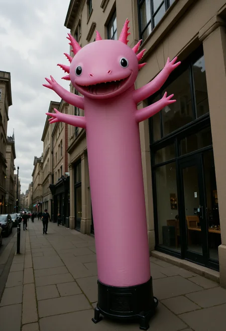 <lora:Wacky_Waving_Inflatable_Arm_Flux_Man-000009:1> <lora:axomodelv2:0.9>
The image is a photograph of a very tall, inflatable pink axolotl with wavy arms standing in a city setting.