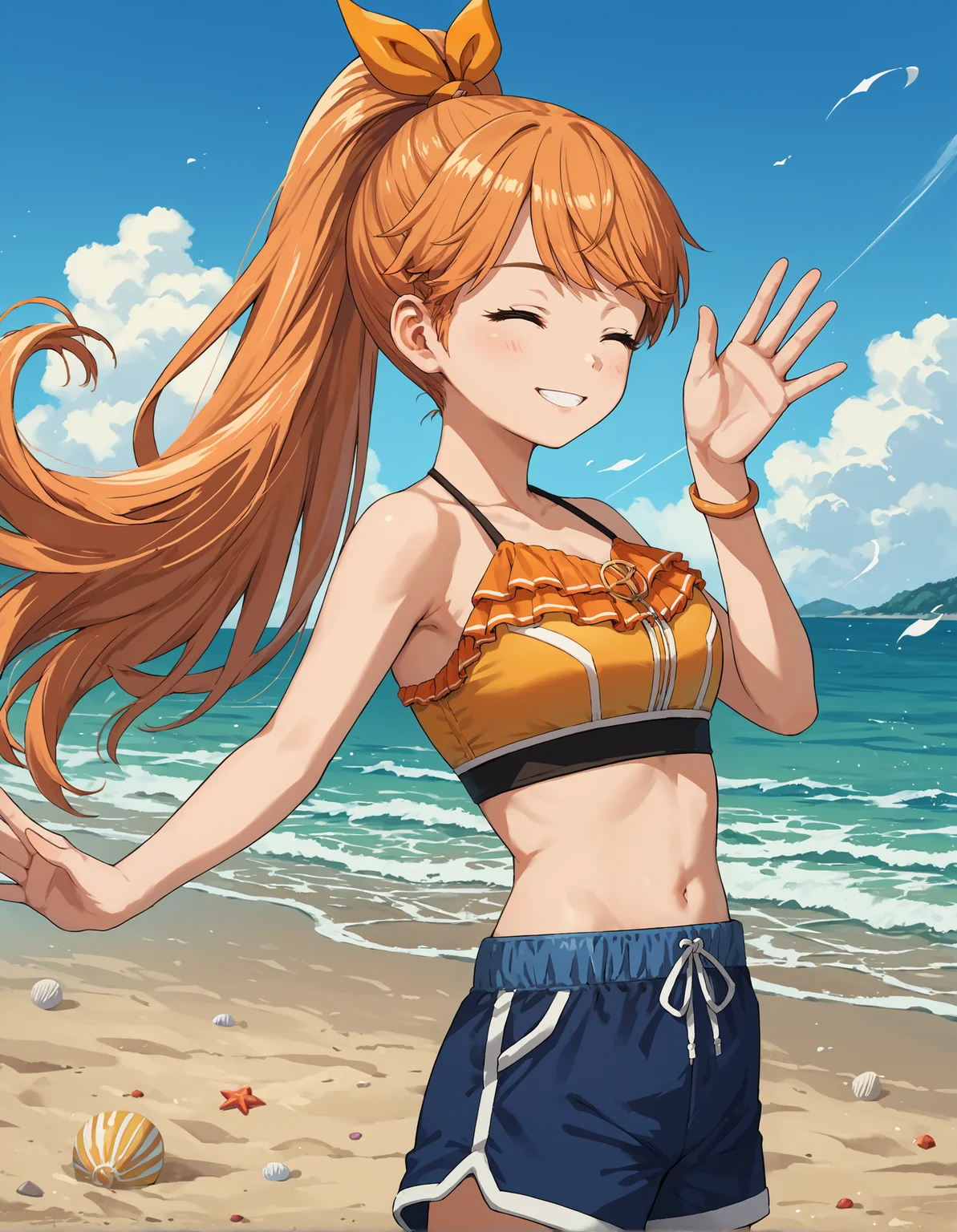 score_9, score_8_up, source_anime, 1girl, upper body, medium shot, detailed, mgrckirarihikaru, orange hair, high ponytail, eyes closed, red hairclip, yellow frilled top, blue shorts, orange bracelet, (side view:0.6), wind, dynamic pose, waving, smiling, outdoors, beach, <lora:mgrckirarihikaru_XL:1>
