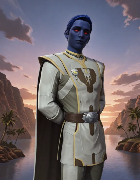 cinematic_depth, 8k, soft_lighting, warm_glow, ultra_high_quality, masterpiece, best quality, newest, perfect quality, best quality, detailed background, intricate details, male focus, realistic, <lora:SWTOR - Aristocra Saganu - Illustrious-000004:0.7>, swtor_saganu, 1boy, chiss, blue hair, very short hair, blue skin, red sclera, no pupils, glowing eyes, tunic, long cape, contrapposto, looking at viewer, outdoors, palm trees, water, cliffs, evening, cloudy sky, banners, plants, portrait, head tilt, arms behind back