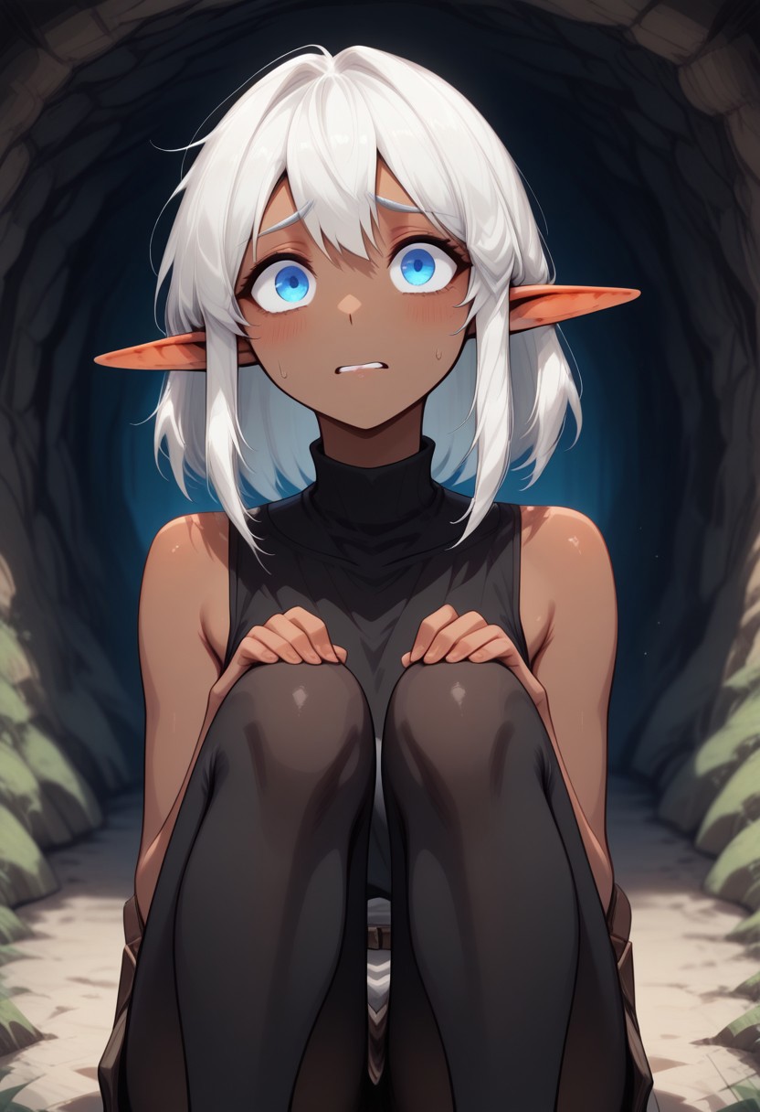 masterpiece , best quality , highly detailed, ultra quality, best shadow, extremely delicate and beautiful, detailed light, depth of field, detailed eyes, detailed hand, perfect ears, perfect face, perfect eyes,
Solo, 1girl, Garial, white hair, dark skin, blue eyes, black sleeveless top, black leggings, sitting, knees up, looking upward, nervous expression, close up, face focus,
Underground, organic cavern background,