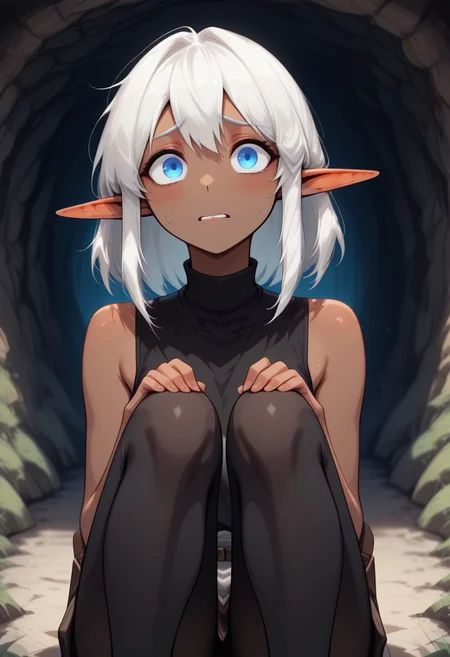 masterpiece , best quality , highly detailed, ultra quality, best shadow, extremely delicate and beautiful, detailed light, depth of field, detailed eyes, detailed hand, perfect ears, perfect face, perfect eyes,
Solo, 1girl, Garial, white hair, dark skin, blue eyes, black sleeveless top, black leggings, sitting, knees up, looking upward, nervous expression, close up, face focus,
Underground, organic cavern background,