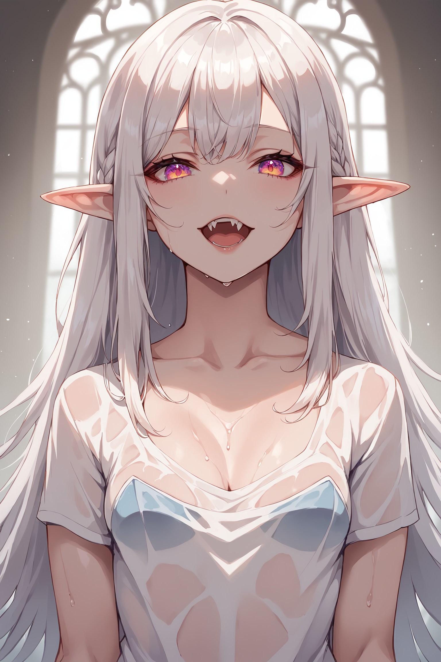 score_6, score_7, score_8 , score_9 ,  , 1girl ,  looking at viewer , ,( masterpiece:1.3) , elf girl , anime style , (albino , white skin:1) , very detailed and smooth quality ,hyperrealism , (hyper resolution) , small breasts, transparent shirt , wet , open mouth , fang tooth, medium close up , detailed face , rendered eyes , cleavage ,