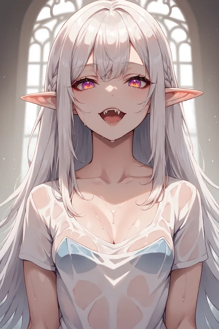 score_6, score_7, score_8 , score_9 , , 1girl , looking at viewer , ,( masterpiece:1.3) , elf girl , anime style , (albino , white skin:1) , very detailed and smooth quality ,hyperrealism , (hyper resolution) , small breasts, transparent shirt , wet , open mouth , fang tooth, medium close up , detailed face , rendered eyes , cleavage ,
