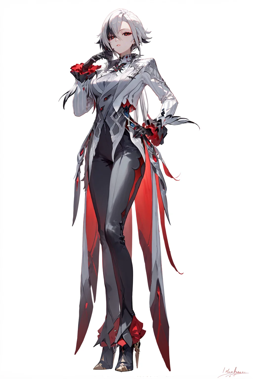 score_9, score_8_up, score_7_up, score_6_up, 
8k, best quality, masterpiece, (ultra-detailed:1.1), (high detailed skin), 
(full body:1.4), white background, standing, looking at viewer, (solo:1.4), hand on hip, 
<lora:Arlecchino-pony-Tanger:0.8>, Arlecchino, def clothes, 1girl, x-shaped pupils, red pupils, black gloves, pants, symbol-shaped pupils, multicolored hair, black hair, white hair, 
(white background, simple background:1.3), 
(beautiful_face), ((intricate_detail)), clear face, 
((finely_detailed)), fine_fabric_emphasis, 
((glossy)), full_shot, <lora:Anime Boys Style SDXL_LoRA_20r_20e_8i_nr32_a16_Pony Diffusion V6 XL:0.5>, 
<lora:HKStyle:0.6>,
