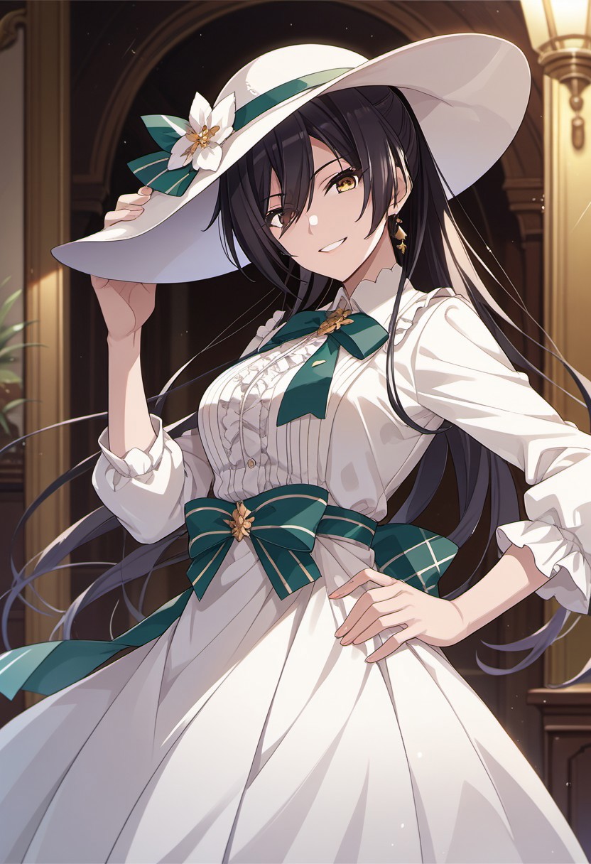 score_9, score_8_up, score_7_up, source_anime, shirase sakuya, black hair, long hair, yellow eyes, 1girl, solo, hat, looking at viewer, dress, ponytail, white headwear, smile, hand on hip, bow