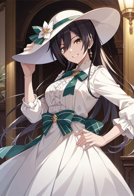 score_9, score_8_up, score_7_up, source_anime, shirase sakuya, black hair, long hair, yellow eyes, 1girl, solo, hat, looking at viewer, dress, ponytail, white headwear, smile, hand on hip, bow