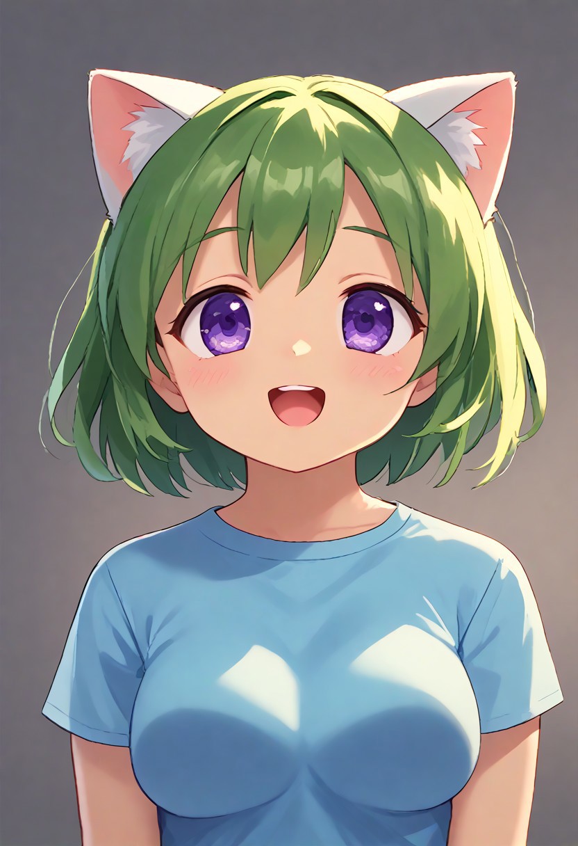 score_10, score_9, score_8, 1girl, solo, rakuchan, (pink skirt:0.6), (purple eyes:0.4), nekomimi,(blue shirt:0.2),(green hair:0.15), smile, eye shine, wide eyes, open mouth