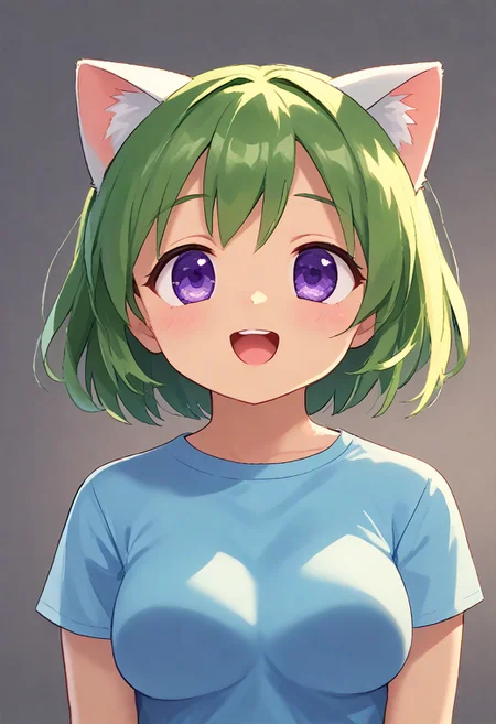 score_10, score_9, score_8, 1girl, solo, rakuchan, (pink skirt:0.6), (purple eyes:0.4), nekomimi,(blue shirt:0.2),(green hair:0.15), smile, eye shine, wide eyes, open mouth