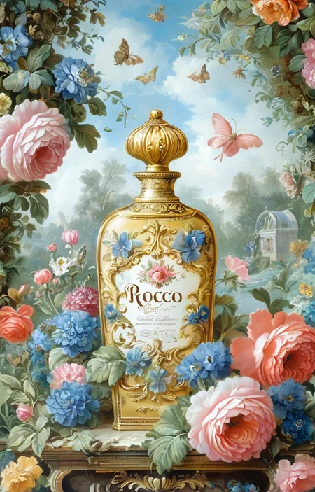 masterpiece,best quality,<lora:tbh356-sdxl:0.6>,illustration,style of patten of Rococo A bottle of perfume in garden