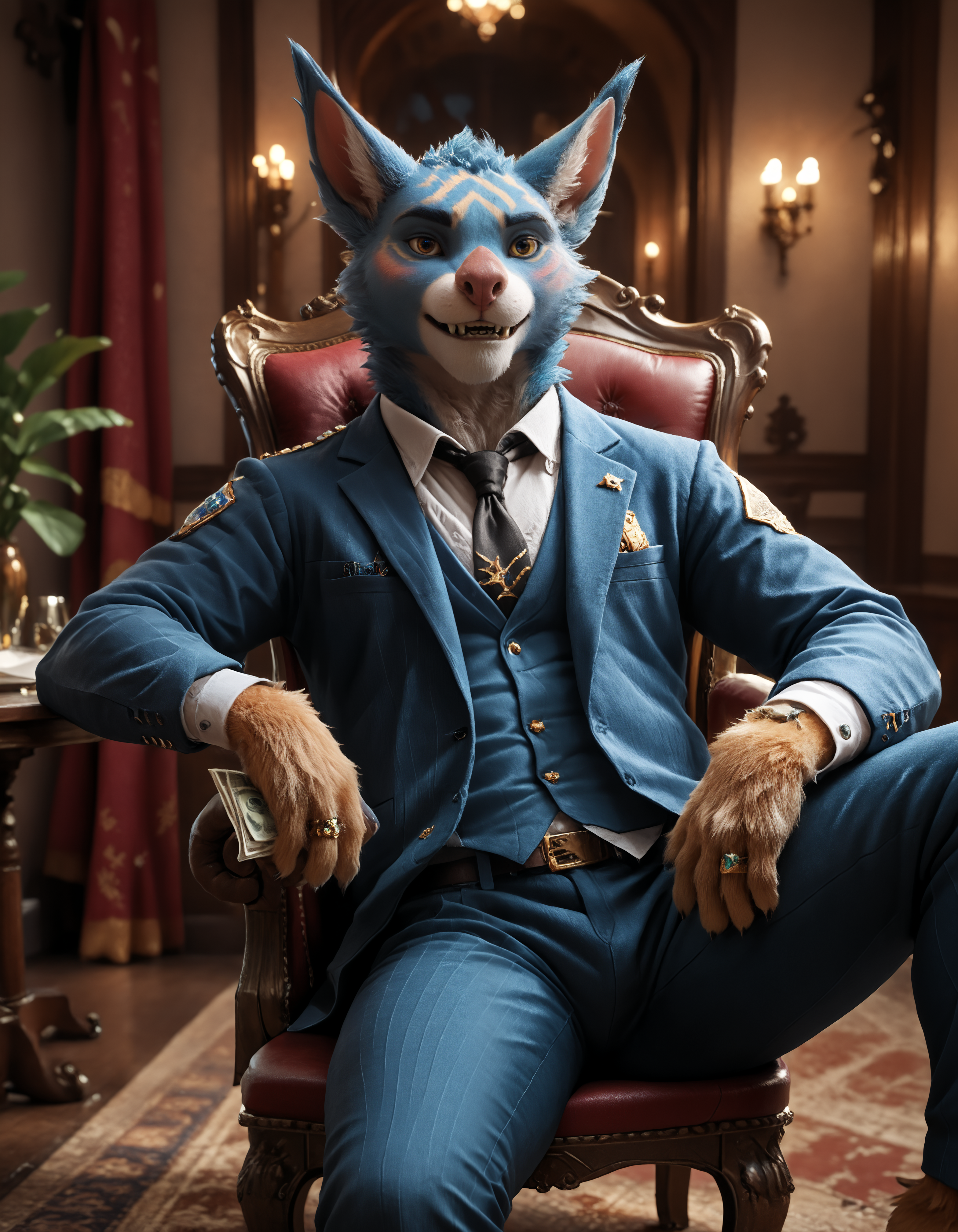 score_9, score_8_up, score_7_up, BREAK (anthro, furry:1.1), depth of field, cinematic lighting, masterpiece, (detailed teeth, detailed hands:1.25), best quality, ultra realistic, 4k, 2k, film photography, RAW photo, photorealistic, analog style, subsurface scattering, photorealism, embedding:unaestheticXL_bp5, embedding:zPDXL,(best quality, high quality, 8K:1.5), <lora:add-detail-xl:2.5>, <lora:fix_hands.safetensors:2.0>, <lora:2.5DRealisticV2.safetensors:0.2>, <lora:sinfully_stylish_SDXL.safetensors:0.6>, <lora:AdvancedEnhancerXLv2.safetensors:1.0>, (hi res), ((masterpiece)), ((best quality)), illustration, <lora:Kubrow_Warframe.safetensors:0.7>, (furry, anthro:1.2), kubrow, mammal, anthro, blush, (1boy, male:1.4), fur, (slightly chubby:0.9), solo, unusual coloring fur, (barefoot:1.25)  solo, looking_at_viewer, shirt, black_hair, 1boy, jewelry, sitting, jacket, male_focus, necktie, pants, indoors, facial_hair, chair, black_pants, formal, ring, suit, black_necktie, realistic, money, black_suit