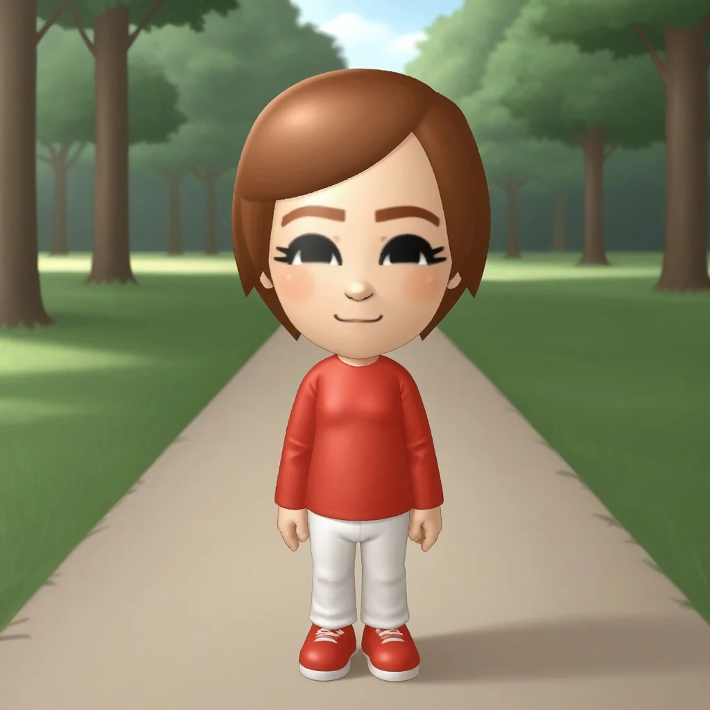 score_9, score_8, BREAK, solo, mii, wii, wii sports, 1girl, female mii, cute, auburn hair, auburn eyebrows, black eyes, blush, red clothing, white pants, shoes, small breasts, Susie_(Wii_Sports), Nintendo Mii, modern_mii, classic_mii, sexy pose, smile, outdoors, sunlight, shadows, evening lighting, natural lighting, forest, trees, grass, orange sky, sunset