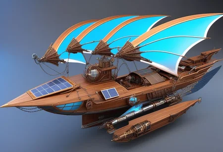 lumenarium, flying ship at space, big sail like solar panels, stary sky, aether nebulas, realistic, wooden hull with metal elements, blue glowing energy sail:2 , silver metal, guns on board, hight tech, steampunk, wings like solar panels