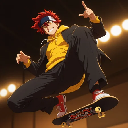 embedding:lazypos, Masterpiece, Best Quality, male focus, score_9, score_8_up, score_7_up, solo, dynamic angle, dynamic lighting,
BREAK,
1boy, Reki Kyan, amber eyes,( eyecatch:1.1), red hair, headband, full body, fit body, athletic, pecs, broad shoulders, black jacket over a yellow hoodie, black pants, performing kick flick with a skateboard,( in the air:1.1),
BREAK,
view from below, low angle, smiling, beaming smile