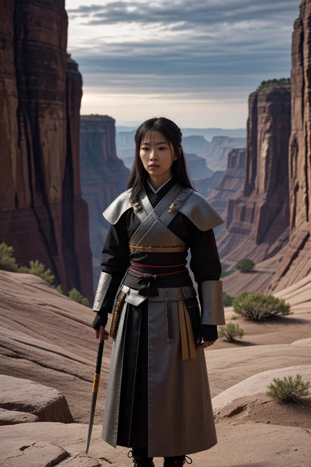 female samurai warrior,  in the reflective light of a glass city, vast canyon system with intricate rock layers in background. Award-winning, professional, highly detailed. <lora:picxer_real:0.7>, (HDR, High Dynamic Range, vibrant colors, high contrast, detailed, UltraHD, 8K, cinematic, 80mm, high detail)