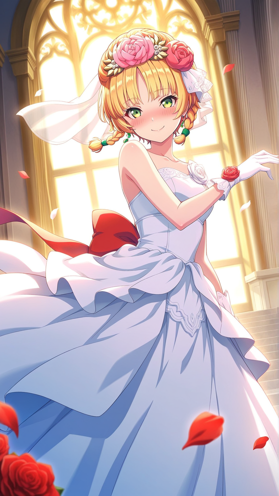source_anime, general, best quality, masterpiece,  <lora:Urpina_ill_v1.0:1> urpina\(scarlet grace\),blonde hair,green eyes, hair flower, short hair,braid,hair ornament, wedding dress,chapel,smile,  (embarrassed:0.9),  dynamic pose, dutch angle,