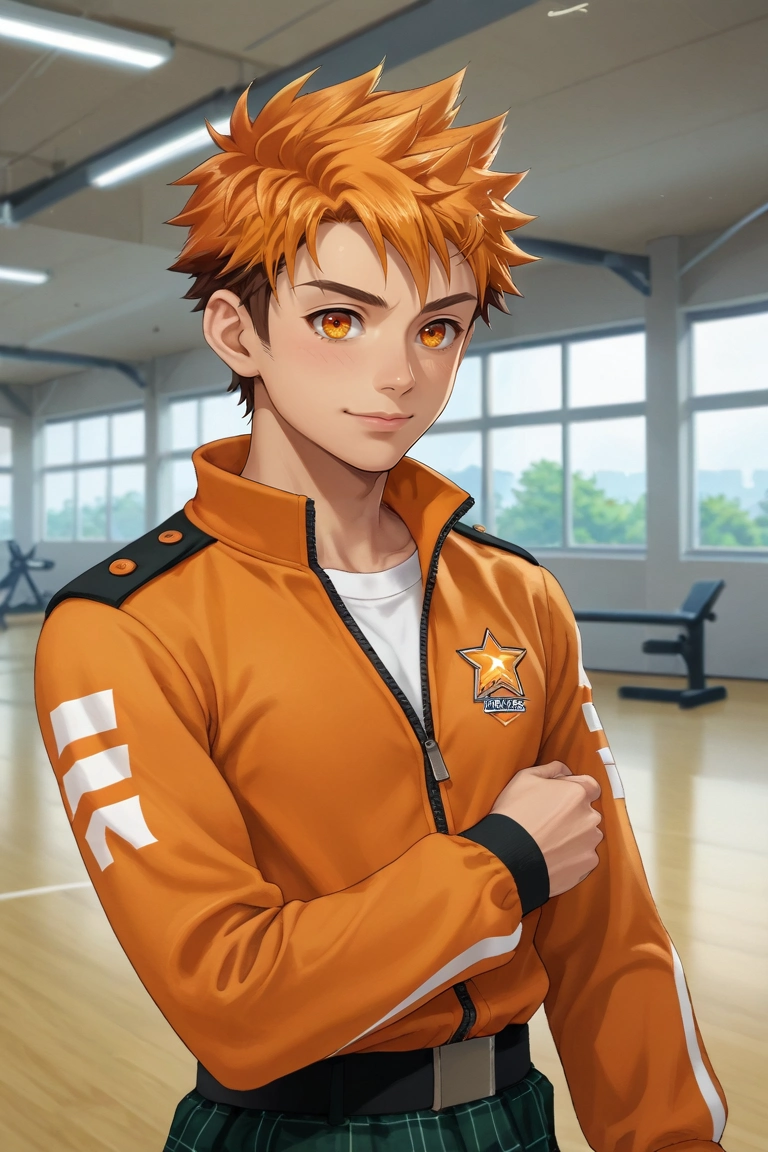 score_9, score_8_up, score_7_up, source_anime, rating_safe, intricate details, , , depth of field, 1boy, solo, male focus, <lora:hiro_akiba_pony:0.92>, hiro_akiba, orange hair, orange eyes, short hair, multicolored hair, brown hair, uniform, upper body, gym, day, sunny, flexing, smirk, male Hundred years old Athletic, Indigenous Australian, Honey eyes, Unusual Cheeks, Well-defined Veins, Petite Goatee , Light Black (Soft Black) Man bun hair, Love, wearing Plaid trousers, Zip-up track jacket, , Turban, andFanny Pack, Hands in prayer position, showing reverence, <lora:sdxl_lightning_8step_lora:1>