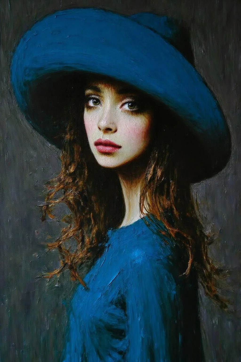 talo1 painting.
A young woman with a melancholic expression. She is depicted in a three-quarter profile, her face partially obscured by a large, wide-brimmed blue hat that casts a shadow over her right eye. The woman has long, wavy brown hair that cascades down her shoulders, with a subtle, soft texture suggested by the brush strokes. <lora:talo1_cap_d6a3e15:1.0><lora:828746955460009553:0>