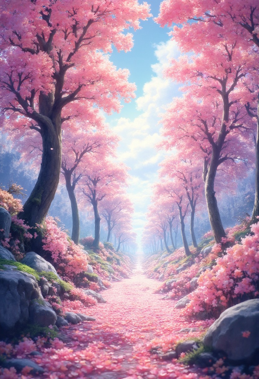 cherry blossom trees, Sakura Fubuki, A carpet of cherry blossom petals, 
( Calm spring morning landscape), beautiful view, cherry blossom trees, Sakura Fubuki, A carpet of cherry blossom petals, early morning, sunrise sky, beautiful clouds, dappled sunlight, 
A wonderful waka-like landscape, 
depth of field, masterpiece, best quality, ultra-detailed, very aesthetic, illustration, perfect composition, intricate details, absurdres, moody lighting, wisps of light, no humans,