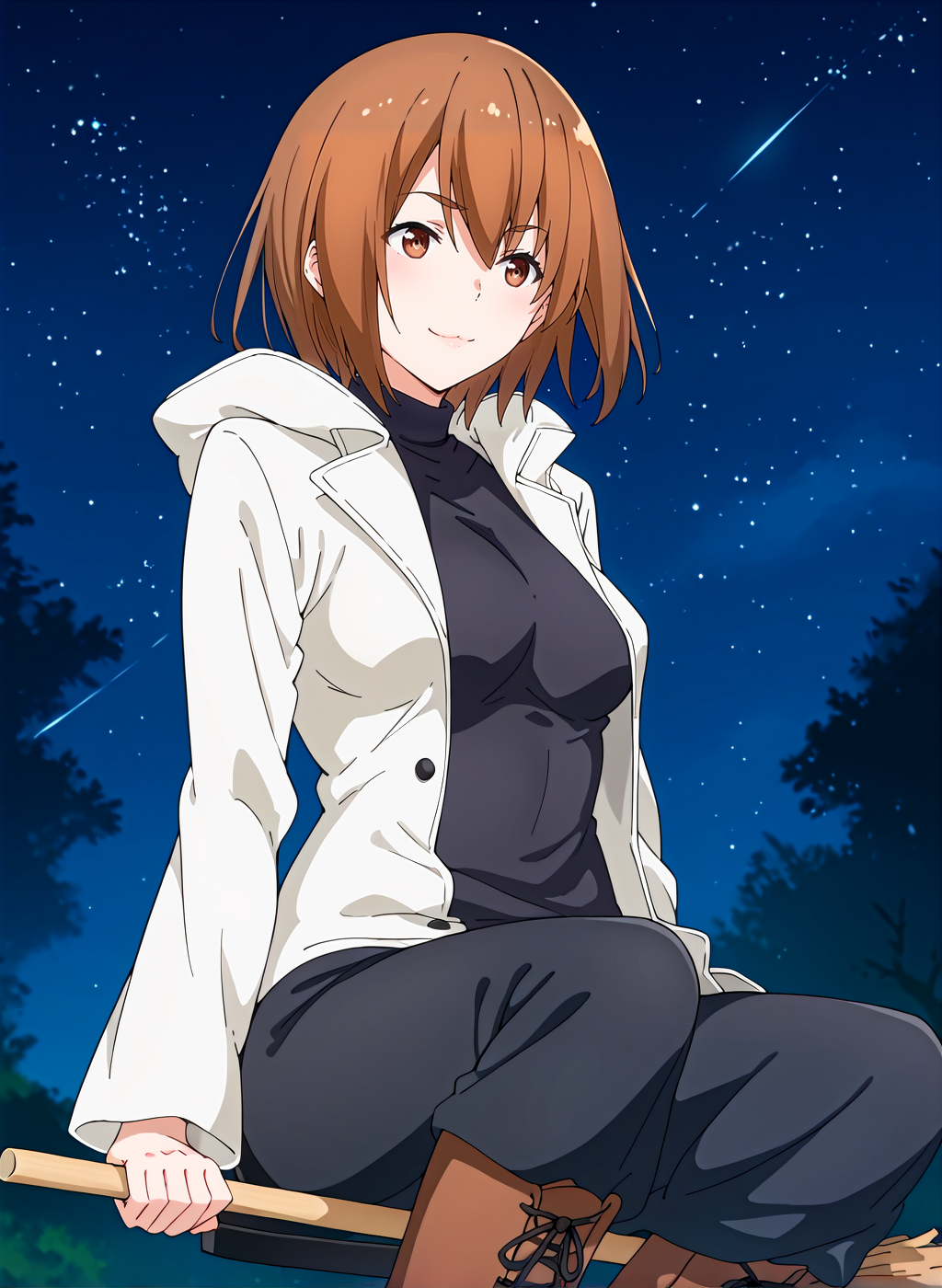 score_9,score_8_up,score_7_up,source_anime,anime,nsfw,rating_explicit,uncensored,High quality,Ultra detailed,best quality,insanely detailed,beautiful,masterpiece,prefect lighting BREAK
<lora:inukai_towa_V1:1>,(inukai_towa, brown hair, short hair, brown eyes, medium breasts,coat,hood,turtleneck,long sleeves,boots),1girl,solo,smirk,front view,night,outdoors,broom riding,star \(sky\),sidesaddle,night sky