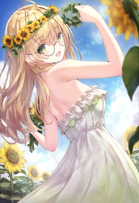 <lora:miss1_noob1.1-000184:1>,
1girl, sunflower, green eyes, dress, virtual youtuber, solo, flower, blonde hair, looking at viewer, glasses, outdoors, sky, smile, ahoge, long hair, cloud, blue sky, round eyewear, day, yellow flower, open mouth, white dress, head wreath, earrings, breasts, bare shoulders, hair between eyes, strapless, looking back, green dress, holding, sundress,
masterpiece,best quality,newest,absurdres,highres,very awa,