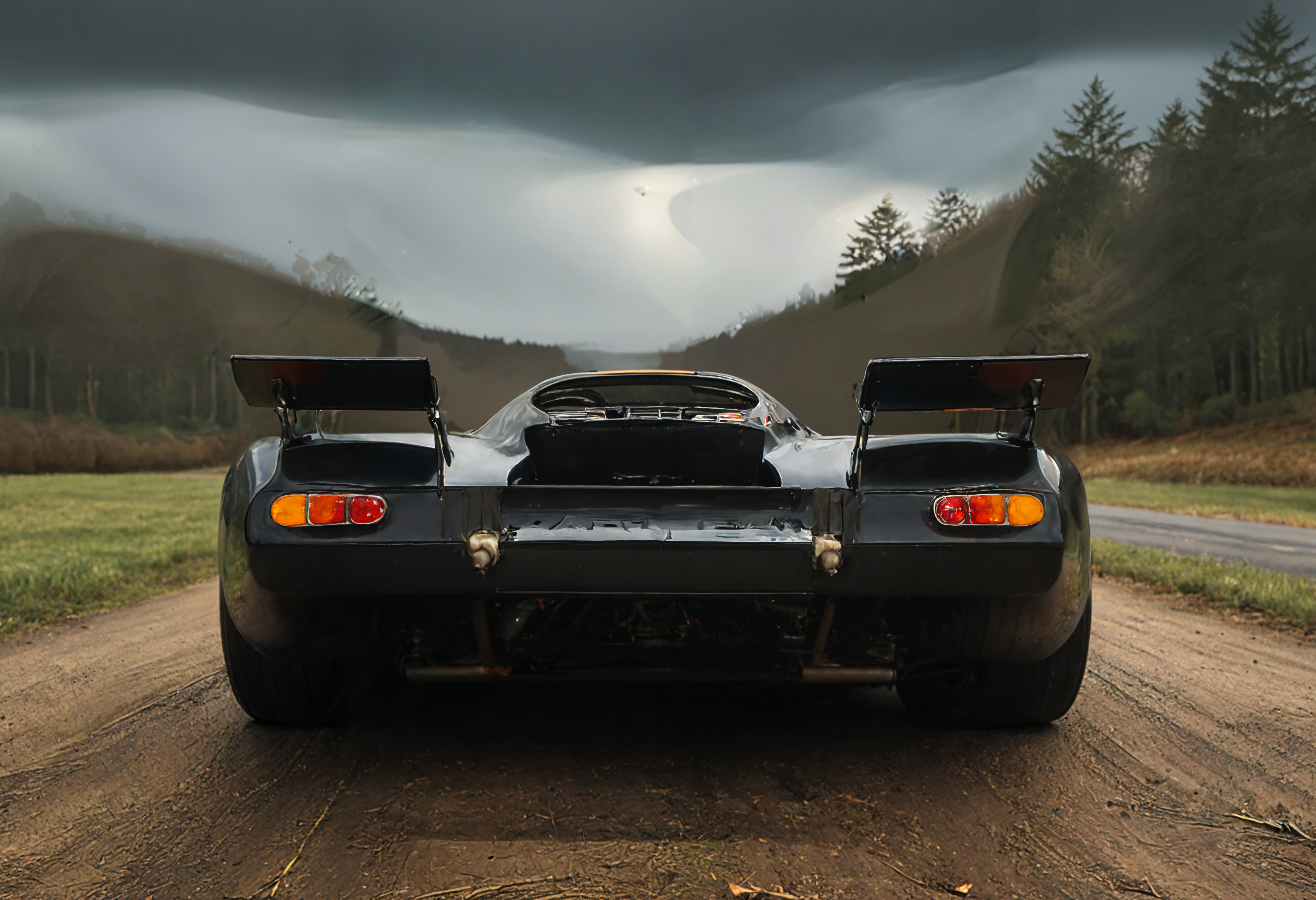 a photograph of a sports car, p0rsche9l7xl,     Overcast Sky: Uniformly covered skies with clouds, diffusing light and creating a moody or somber setting., Jet Black,  rear view, A secluded, sun-dappled forest clearing., dark, low-key,   low color saturation, concept art, perfect composition, masterpiece, professional photography, zeiss lens, shot on dslr 64 megapixels, sharp focus, intricately detailed, dramatic, tilt shift, f/32,