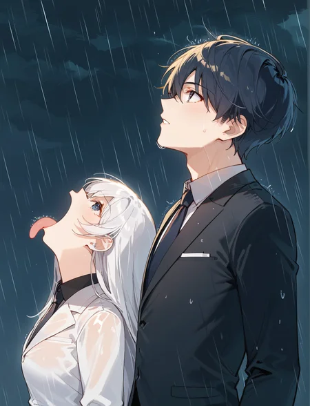 score_9, score_8_up, score_7_up, source_anime, 
gokumeme, rain, 1girl, long hair, tongue out, looking up BREAK,  1boy, formal outfit, <lora:gokumeme_xl:0.7>
