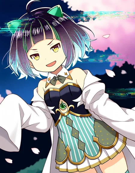 masterpiece, best quality, newest, absurdres, highres, safe, 1girl, miyako hinano, magia record: mahou shoujo madoka magica gaiden, sleeves past fingers, glitch hair, glitch, open mouth, solo, outdoors, cherry blossoms, night, dutch angle, <lora:miyako_hinano_noobaiXLNAIXL_vPred10Version:0.7>