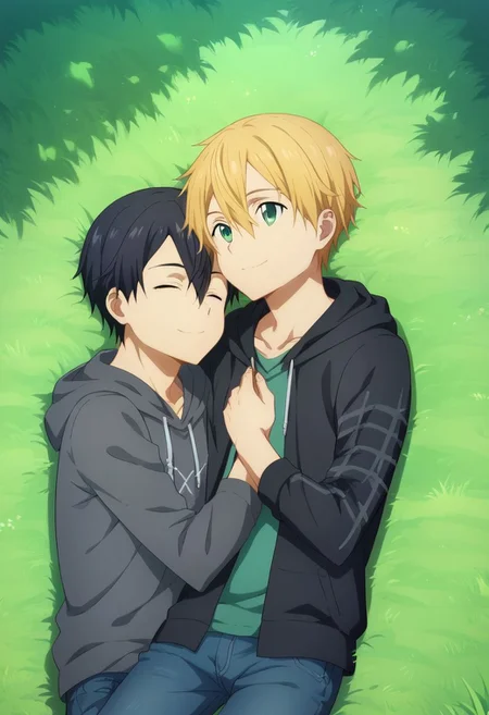 score_9, score_8_up, score_7_up, source_anime, highly detailed,
1boy, 1boy,
Kazuto Kirigaya, SAO, black hair, black eyes,
and eugeo, green eyes,blonde hair,hair between eyes, green eyes,
outdoor, tree, grass, lying down, tartan blanket, hoodie, jeans, socks, sleeping, head on chest, embrace, smile, closed eyes, up view,
