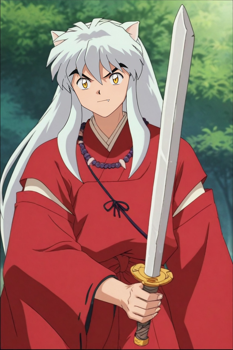 score_9, score_8_up, score_7_up, source_anime, rating_safe, intricate details, (3d:0.4), looking at viewer, depth of field, 1boy, solo, male focus, <lora:inuyasha_pony:0.92>, inuyasha, white hair, yellow eyes, long hair, animal ears, dog ears, necklace, jewelry, holding, holding weapon, fang, sword, holding sword, weapon, fingernails, kimono, japanese clothes, red kimono, sword over shoulder, <lora:sdxl_lightning_8step_lora:1>
