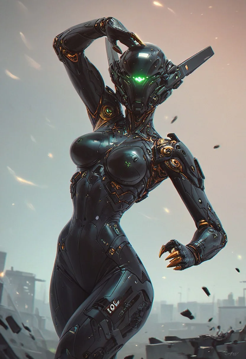 score_9, score_8_up, score_7_up, score_9, score_8_up, score_7_up, 1 girl, black bodysuit, gold claws, breathtaking green glossy armored cybernetic robot, cyberpunk demon helmet, futuristic, exosuit, tactical, advanced gear, huge perky breasts, BREAK, floating in a yoga pose, a sleek, highly detailed, futuristic, intricate, elegant, cinematic film still stylized by Sam Mayle, photograph