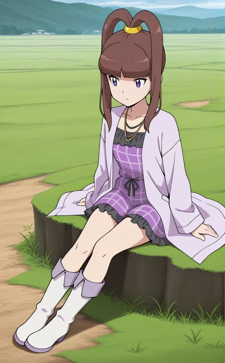 masterpiece, best quality, highres, scenery, newest, 1girl, solo, official style, <lora:IL_Amano_Nene_v2:1>, nene, necklace, collarbone, purple plaid dress, black frills, purple lab coat, white kneehigh boots, outdoor, sitting on grass, full body, from side